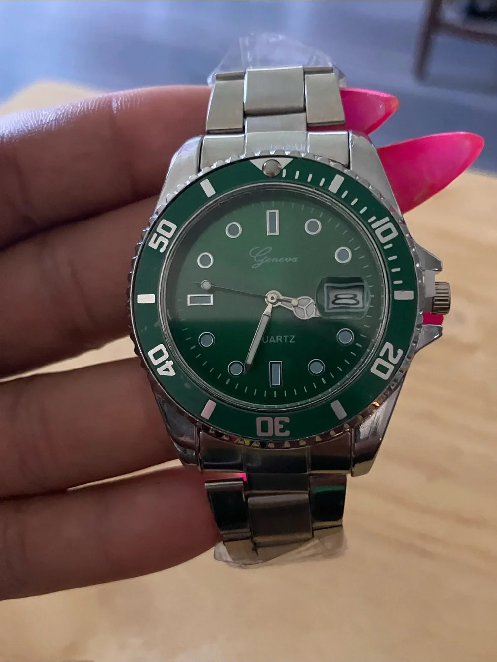 Geneva Men's Watch with Green Dial and Silver Bracelet